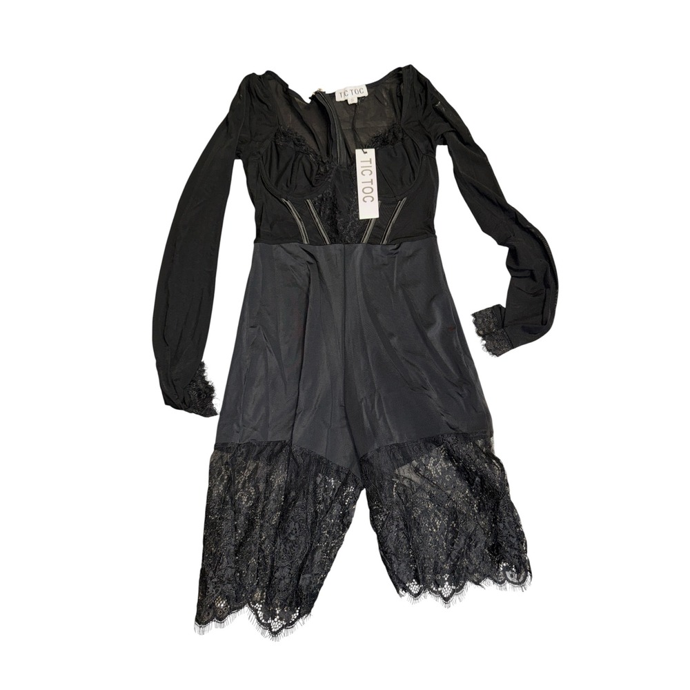 Tic Toc Black Lace Corset Romper Long Sleeve Mesh Eyelash Trim JC25288 Small NWT
